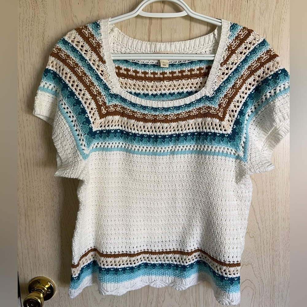 ANA A NEW APPROACH Square Neck Short Sleeve Faire Isle Striped Sweater Sz L